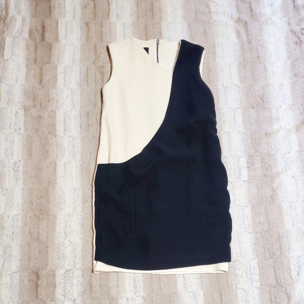 CLOTILDE CHAPTER CREAM AND‎ BLACK SASH V NECK WOOL DRESS..SIZE 36 - Picture 4 of 9